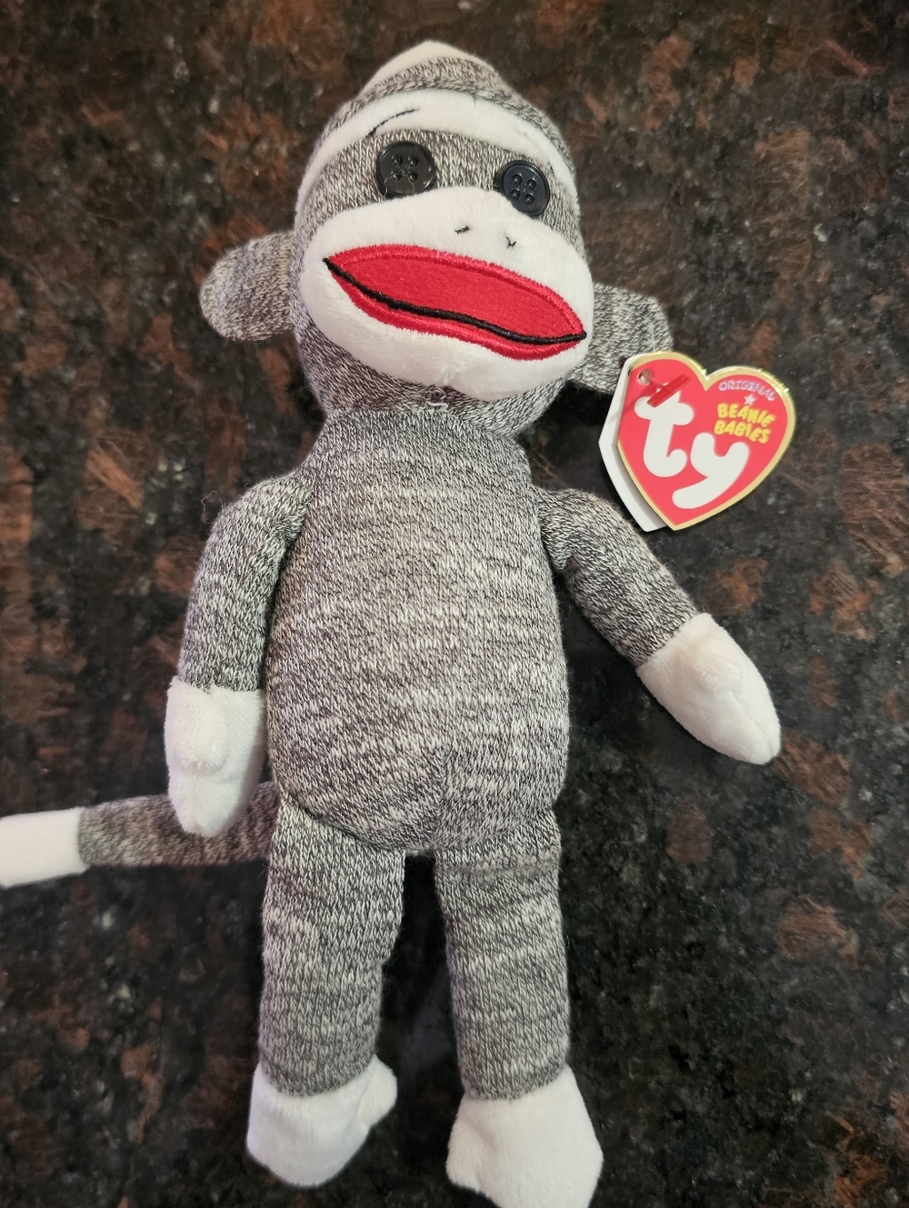 Ty Beanie Babies  - New Socks The Sock Monkey -MWMT- Huge Smile-10"